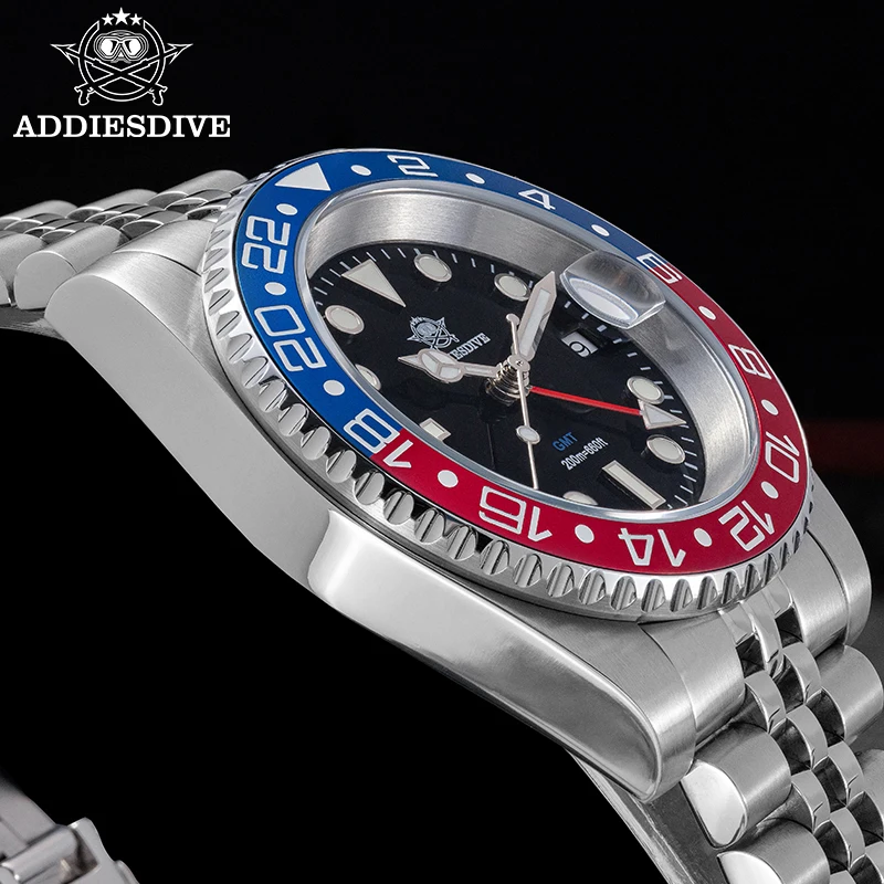 ADDIESDIVE 40mm GMT Quartz Watch For Men Stainless Steel Ceramic Bezel Business Relogio Masculino BGW9 Luminous 20Bar Dive Watch