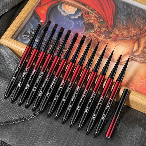 Imagen 1 del producto Nuevo Juego de pinceles para decoración de uñas, mango de Metal negro y rojo, esmalte de Gel UV acrílico, herramientas de dibujo de uñas acrílicas de cristal, alta calidad, 1/13 Uds.