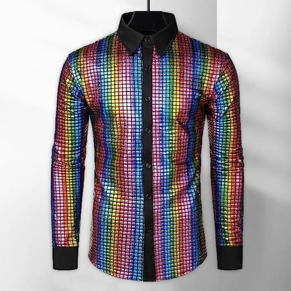 Men Shirt Shiny Sequin Stand Collar Long Sleeve Disco Stage Performance Vintage Shirt Breathable Men Shirt street Men Shirts