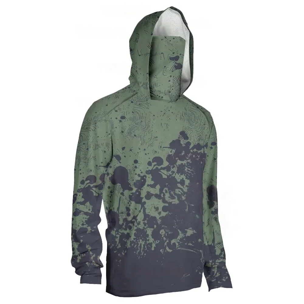 Men 3D Print Hooded Fishing Shirt Polyester Long Sleeve UV Sun Protection Top With Attached Face Mask