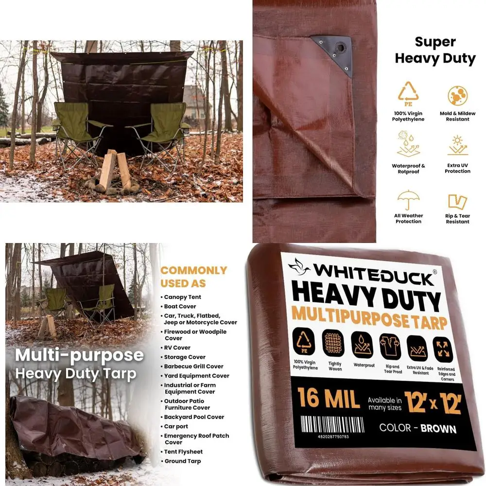 أقمشة بولي شديدة التحمل سعة 16 مل و10 مل مع حلقات وحواف معززة - بني، أبيض، فضي أسود (16 ميل بني، 12 × 12) #1