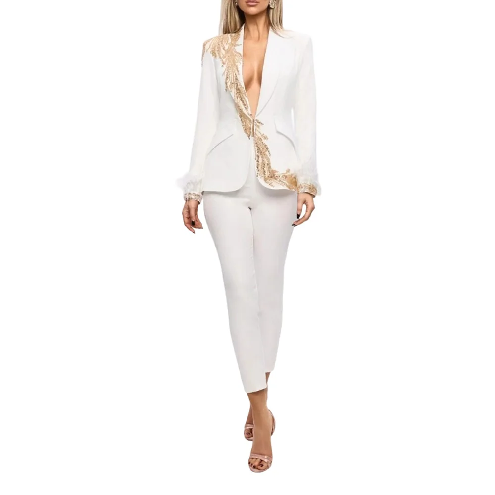 Women's Dresses Suit Gowns Elegant Peaked Lapel Appliques Jacket Coat And Pants For Female Satin 2 Pieces Suit Customized W75