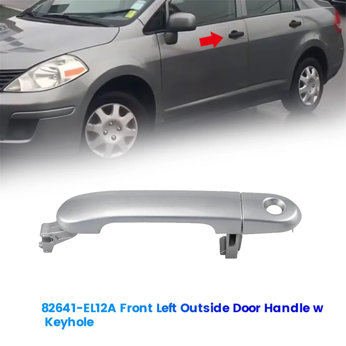 82641-EL12A Front Left Outside Door Handle W/ Keyhole for Nissan Versa 2007-2012 Exterior Handle Trim Chrome 82641EL12A