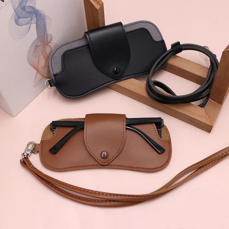 Fashion PU double-sided leather eyeglasses protective cover portable leather mirror clip neck eyeglasses bag anti-lost eyeglasse