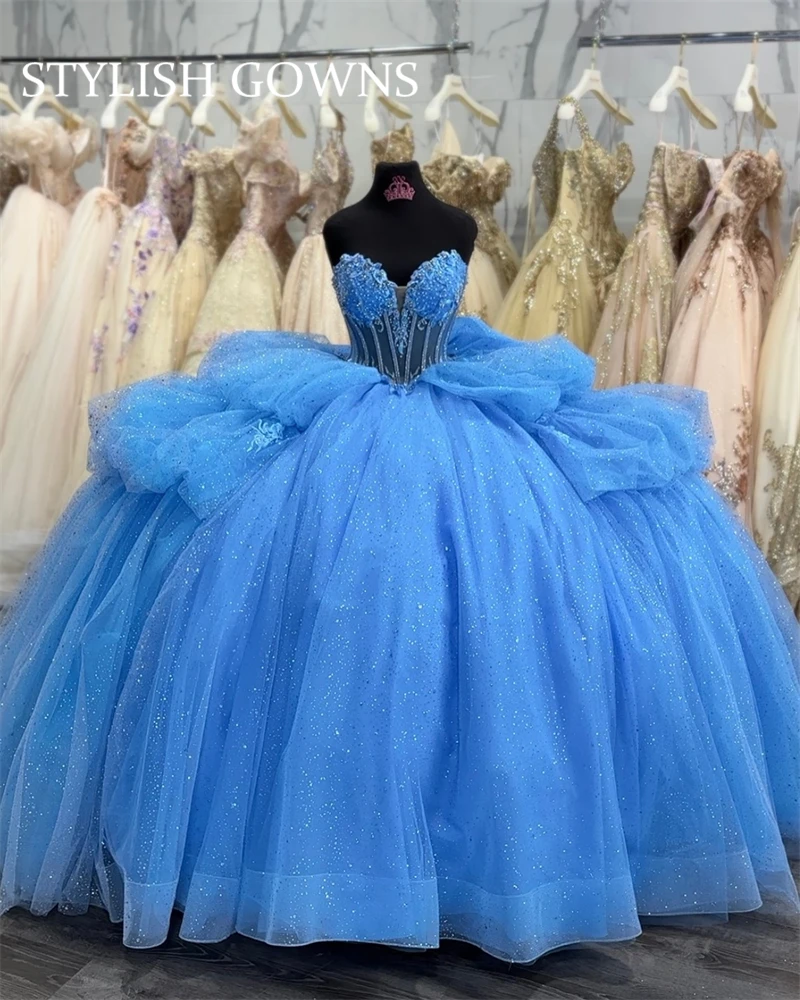 المكسيك الأزرق الحبيب فساتين Quinceanera الكرة ثوب حبة يزين فستان حفلة عيد ميلاد المتدرج مشد ثوب الحلو 16 مخصص