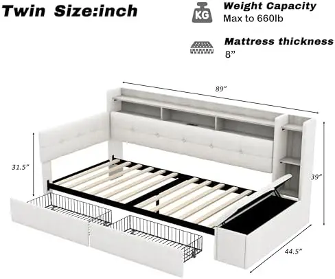 Twin Size Daybed with Storage, 2 Drawers, Upholstered Corner Bed with USB Charging & LED Light, for Bedroom, Guest Room