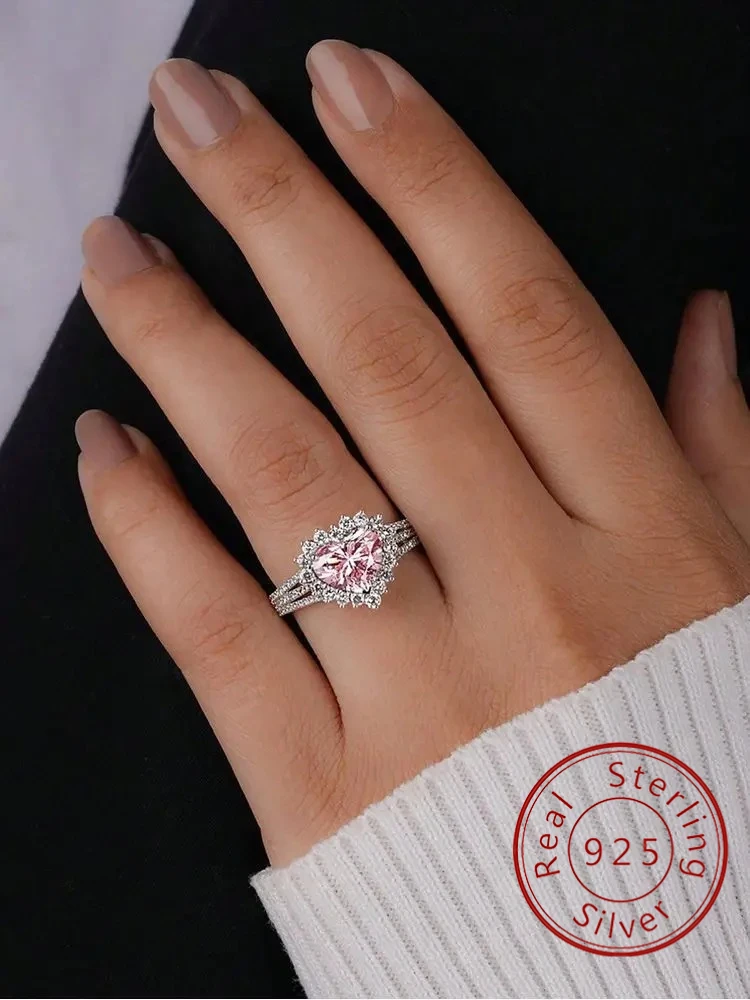 

Кольцо из стерлингового серебра 925 пробы с романтическим розовым сердечком и цирконом для женщин, юбилей, свадьба, повседневная одежда, роскошные изящные ювелирные изделия