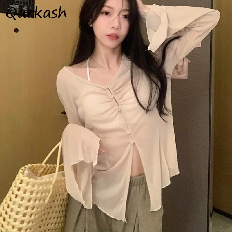 

Shirts Women Pure Desire Sexy Solid Sunscreen Single Breasted Slim Thin Design V-neck Flare Long Sleeve Korean Style Chic Tops