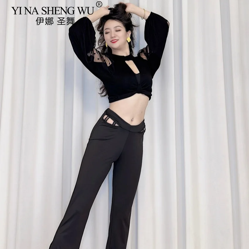 Buikdanskostuum Vrouwen Mesh Garen Modale Lantaarn Mouw Holle Hoge Taille Broek Beginner Prestaties Outfit Oosterse Danskleding