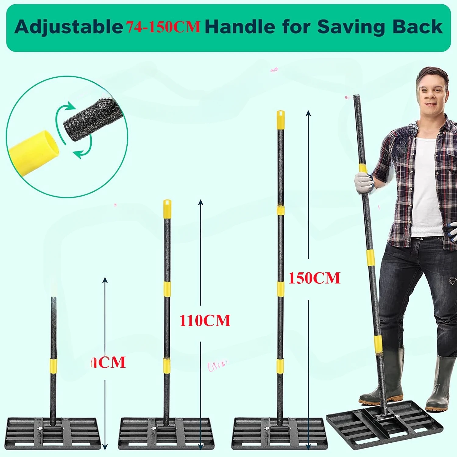 Adjustable Handle Lawn Leveling Rake with Smooth Eadge, Heavy Duty Lawn Leveling Tool, Yard Garden Soil Sand, 74cm-150cm