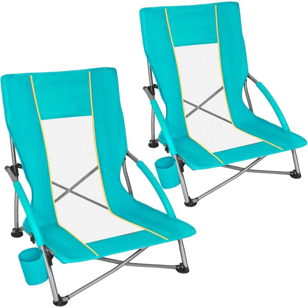 2-Pack Lightweight Folding Sand Chairs with Mesh Back and Cup Holder, Portable for Camping, Holds 300lbs, Green