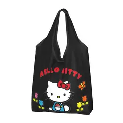 Custom Hello Kitty Cat Groceries Shopping Bags Cute Shopper Tote Shoulder Bag Big Capacity Portable Anime Cartoon Handbag