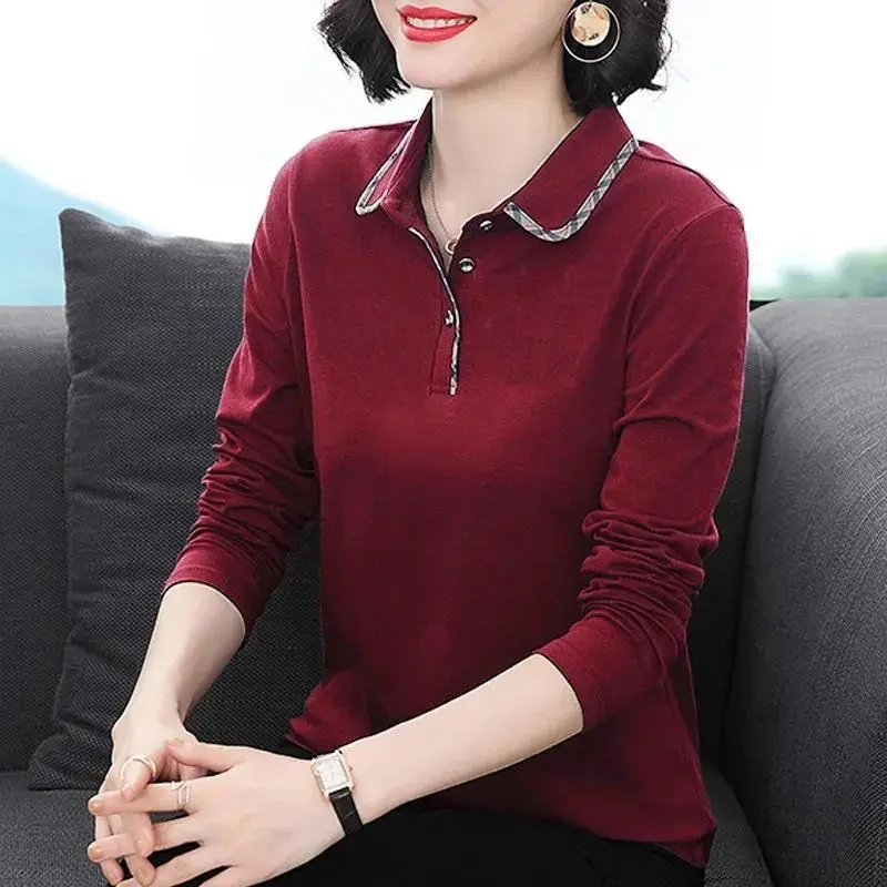 Polo Shirt Women's Long-sleeve Spring Lapel T-shirt 2023 New Fashion T-shirt Button Printing Casual Tees Elegant Fashion Tops