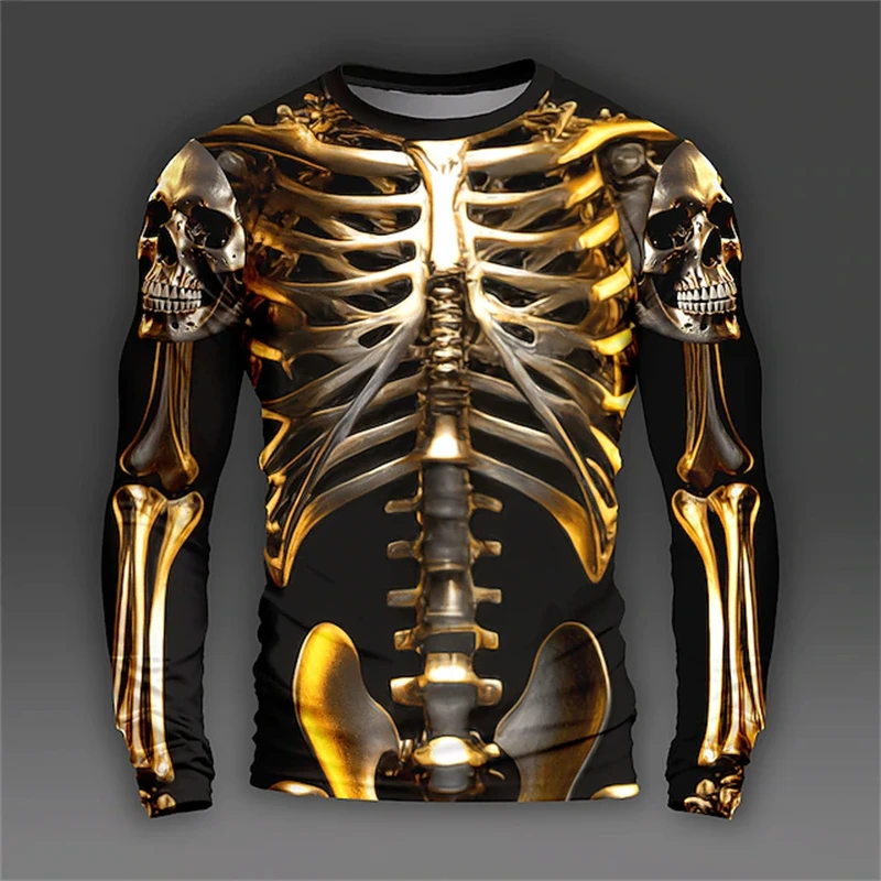 Retro 3D Full Print Long Sleeve T-shirt Mens Y2k Vatage Skeleton Skulls Graphic Harajuku Tee Tops Casual Harajuku Men\'s Clothing