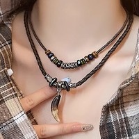 Ethnic Wolf Tooth Necklace Vintage Tribal Leather Braided Beaded Neck Chain Accessory Multi-layer Dogtooth Pendant Jewelry Gifts
