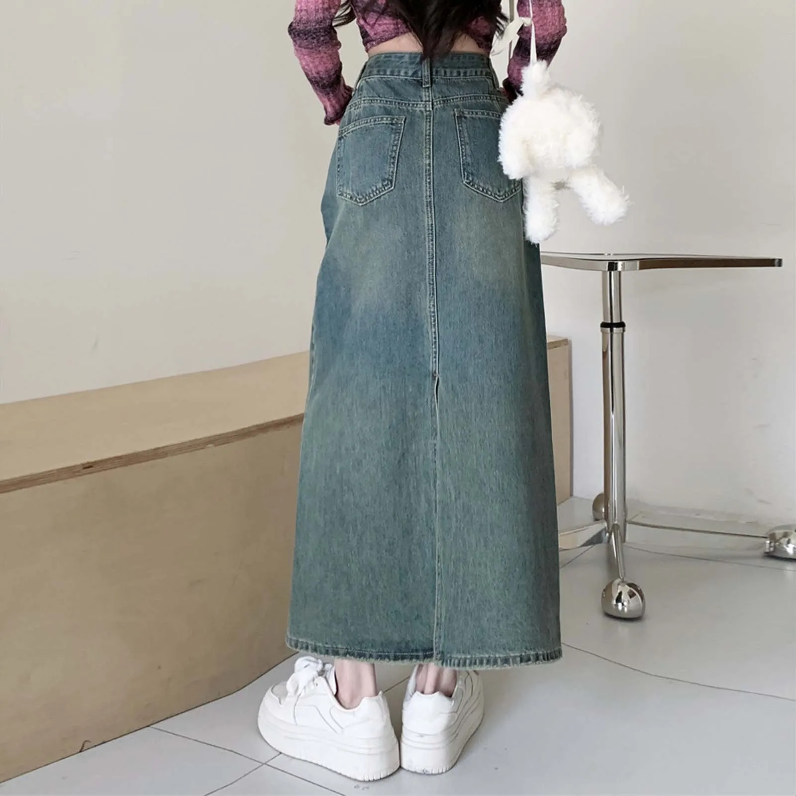 Women'S High-Waisted Blue Denim Skirt Blue Retro Long A-Line Fashion Bag Hip Skirt Simple Everything Matching Trend Long Skirt