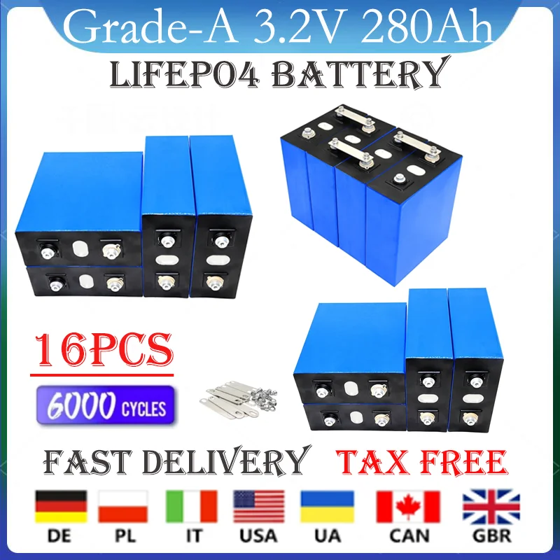 

16pcs new 280AH Lifepo4 3.2V rechargeable battery DIY 12V 24V 48V for Electric car RV Solar Energy Golf Cart DDP tax-free