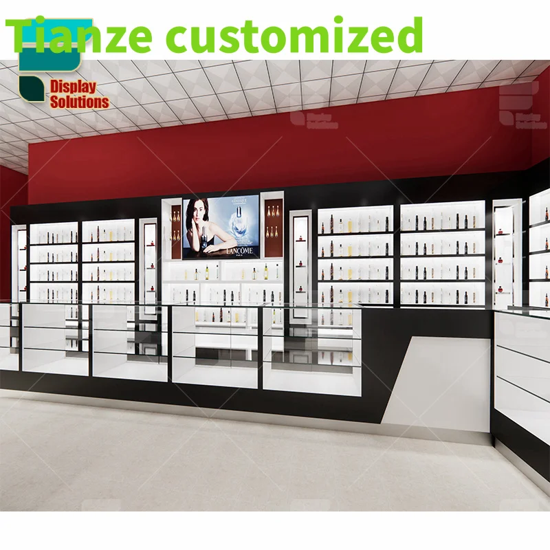 Customized-Factory Customized Perfume Wall Display Perfume Design Wood Shelves Black Corner Showcase Cabinet Stand