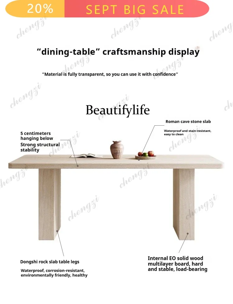 DD Luxury Travertine Pattern Stone Dining Table, Cream Mid-Century Style for Small Space, Stain & Heat Resistant, Customizable
