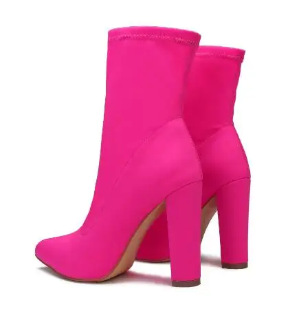 Hot Pink Fluorescent Yellow Purple Lycra Elastic Pointed Toe Slip On Square Heels Short Socks Boots Women Ankle Booties Lady