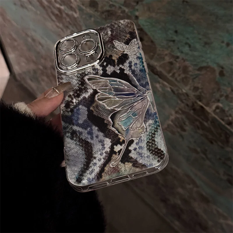 Custodia per telefono farfalla laser in pelle di serpente per iPhone 16 Pro 15 14 12 13 Pro Max Cover custodie in silicone antiurto per 15Pro Cute Funda