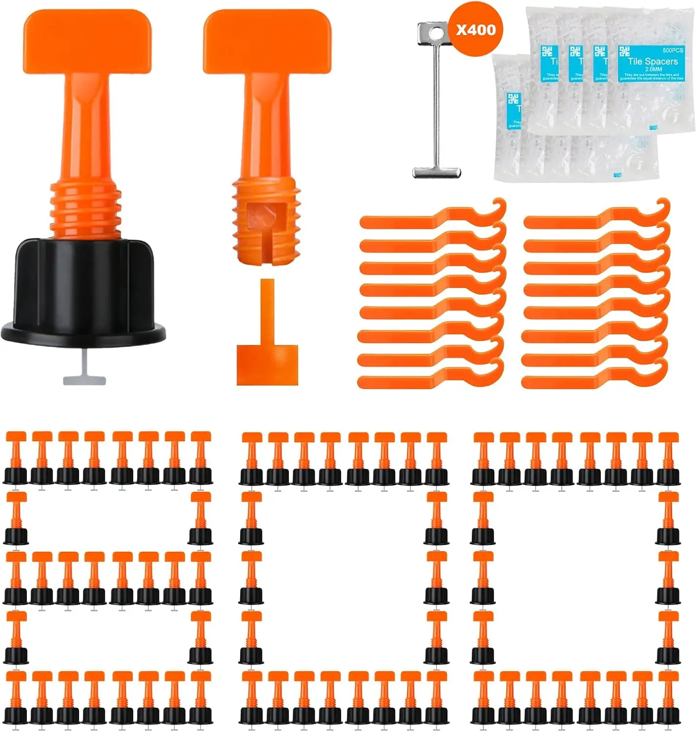 

800 PCS Tile Levelers, 4000 Spacer Clips, 400 Steel Wedges & 16 Wrenches - Reusable System for Wall & Floor Installation