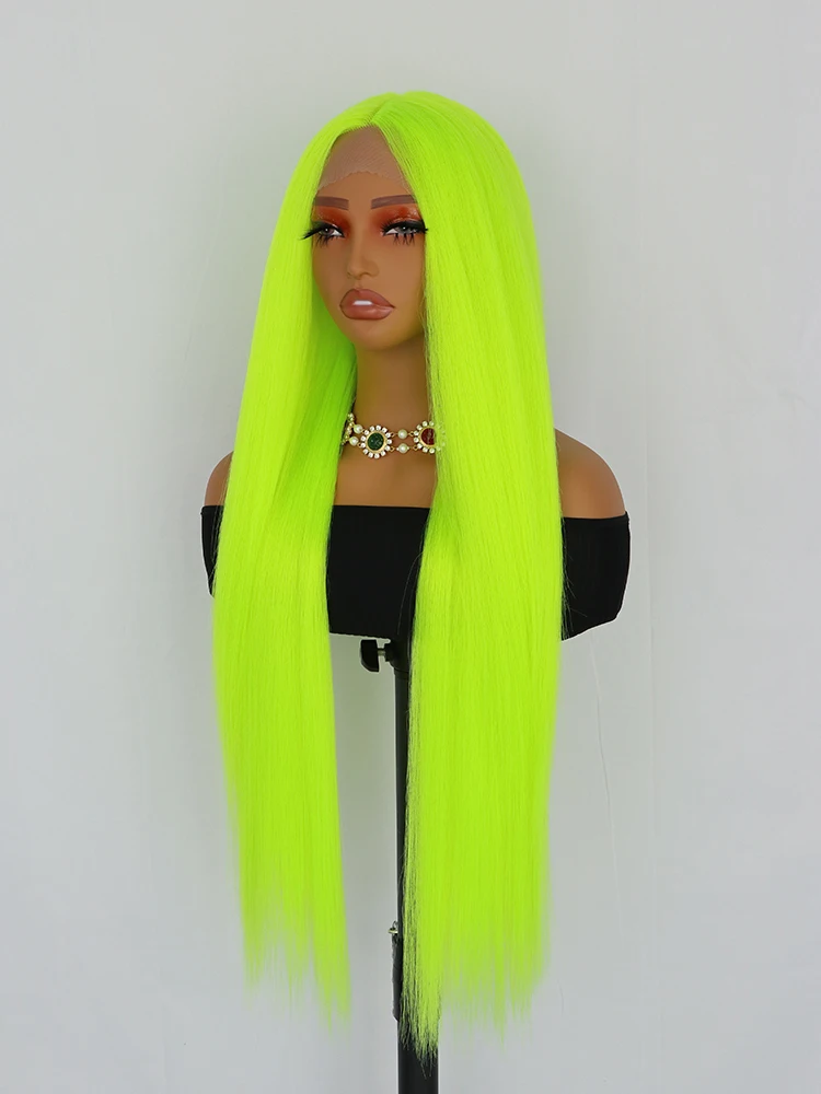 여성용 형광 녹색 합성 레이스 프론트 가발, 미리 뽑은 긴 직선 내열성 교체 가발, 섬유 헤어, 13*3