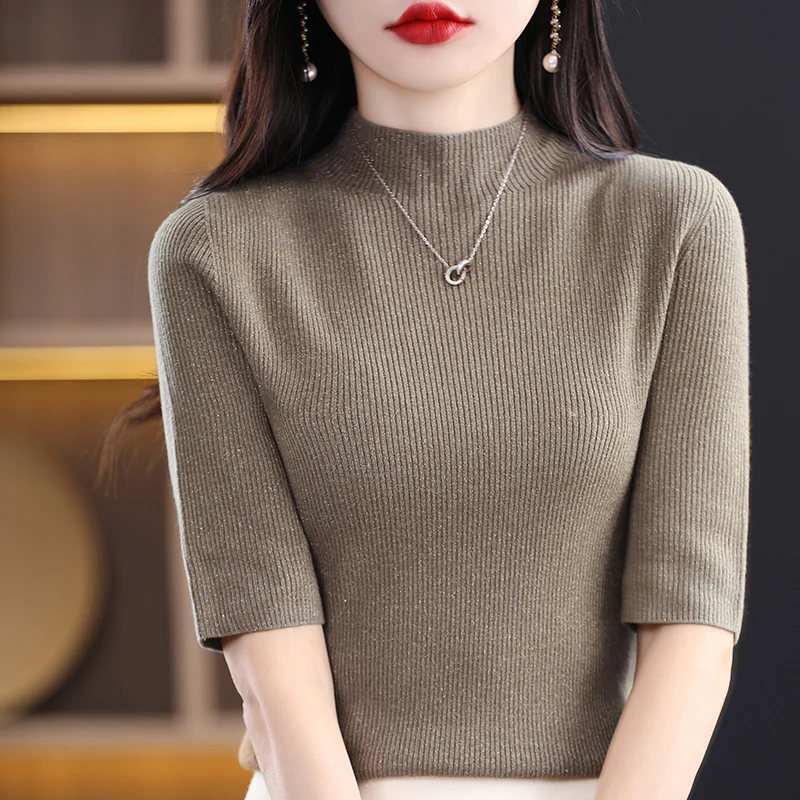 سترة نسائية محبوكة بقصة ضيقة من ort Sve بطبقة أساسية f ياقة عالية خمسة Sve Boting Yarn بسيطة تتطابق مع منتصف Sve...