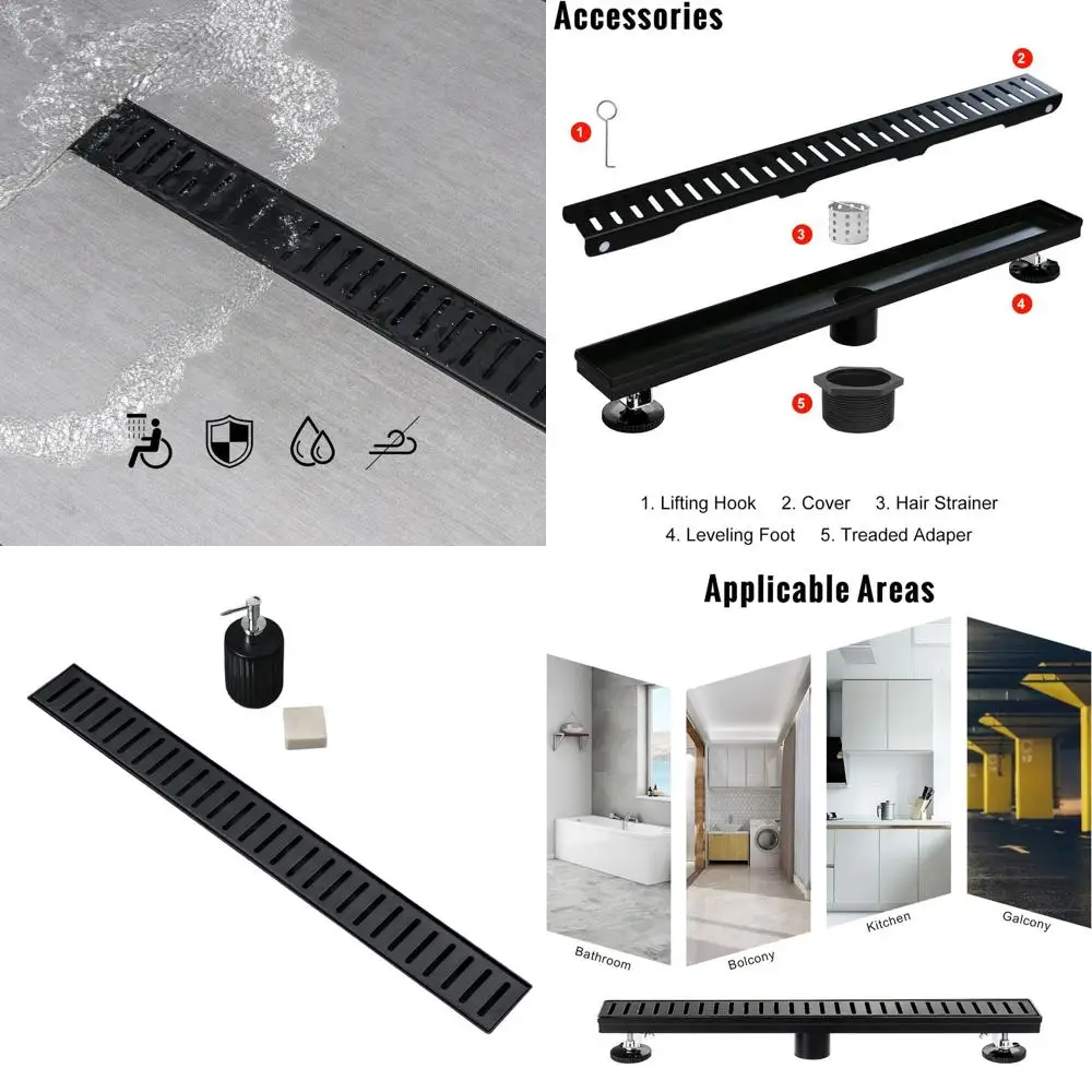 

36 Black Linear Shower Drain with Removable Grate, 304 Stainless Steel, Hair Strainer, Adjustable Feet