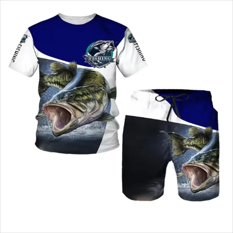 2025 3D Printed Round Neck T-shirt Fashion Loose Sports Men's Outdoor Fishing Shorts 2-piece Set