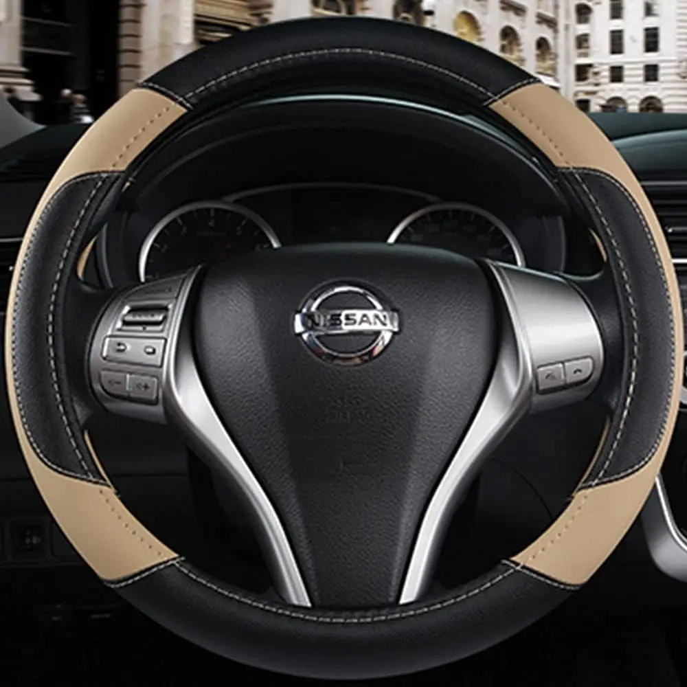 Leather Steering Wheel Cover - Non-Slip Grip & Breathable, Universal Fit for Cars, Trucks, SUV (Beige)