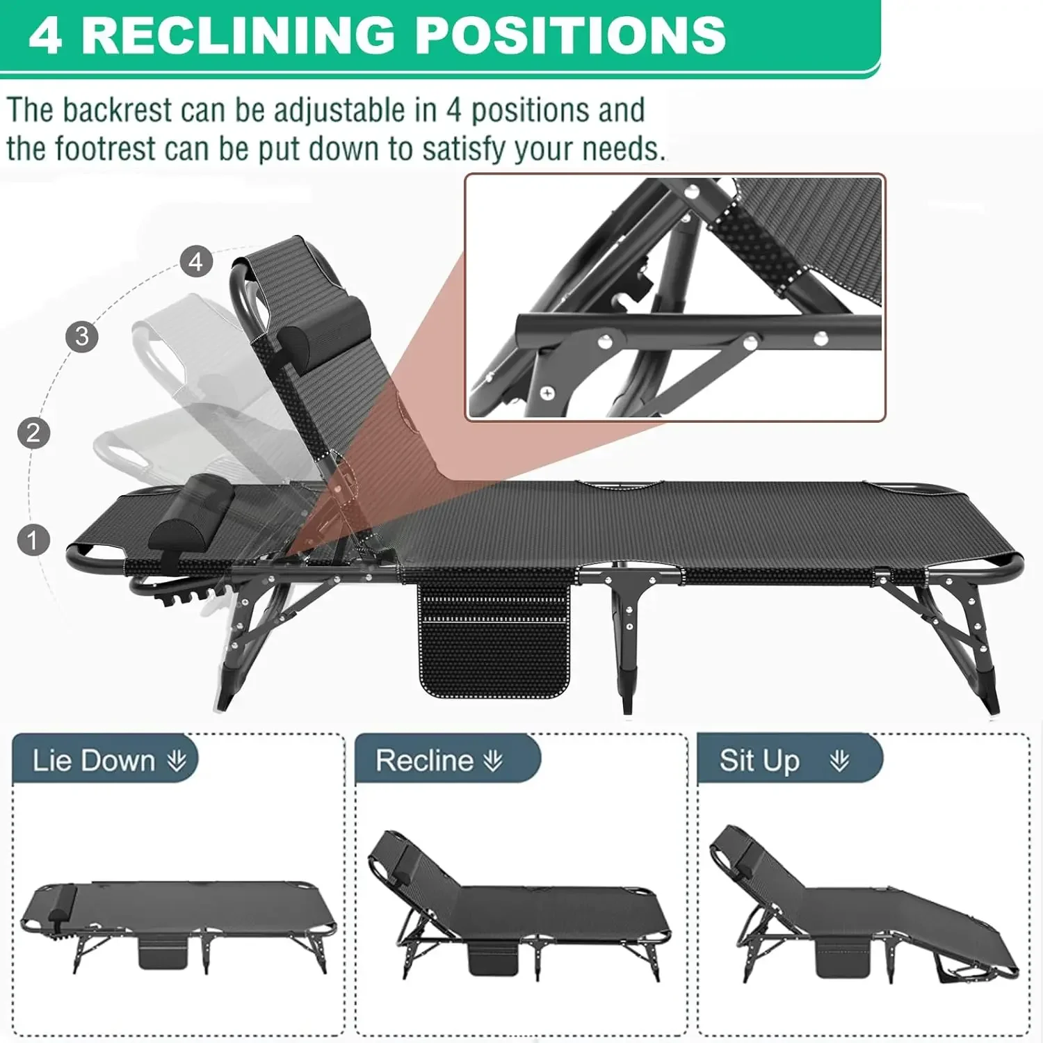 Portable Folding Camping Cot, Adjustable 4-Position Adults Reclining Folding Chaise with Pillow, Outdoor Portable Fold