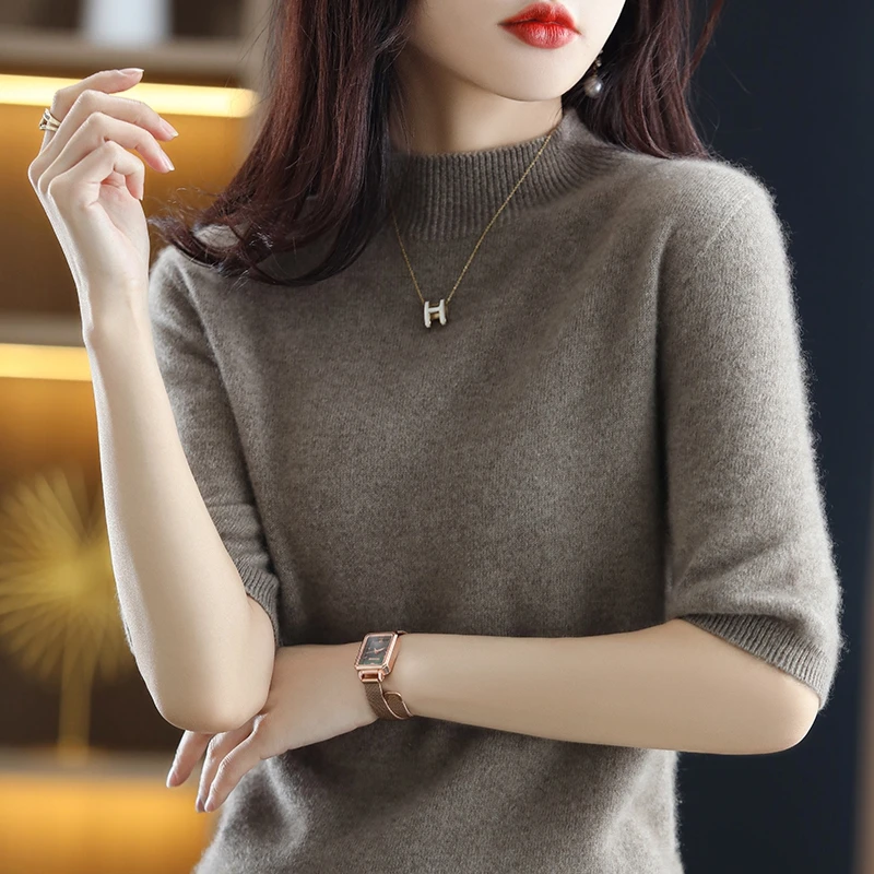 Seamless Cashmere Sweater Knitted Women\'s Clothing 100% Pure Wool Short-Sleeved 2022 Spring Five-Quarter Sleeve Fashion Pullover