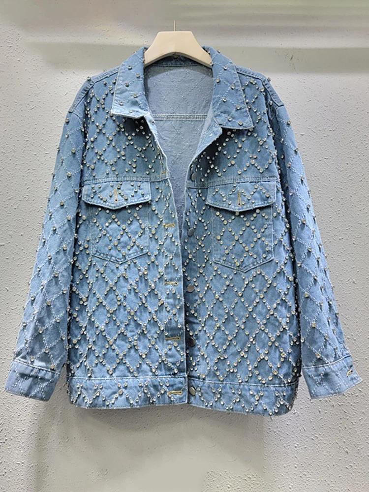 DEAT Women's Denim Coat Blue Long Sleeve Full Diamonds Distressed Jacquard Plaid Jackets 2024 Autumn Autumn New Fashion 29L7709