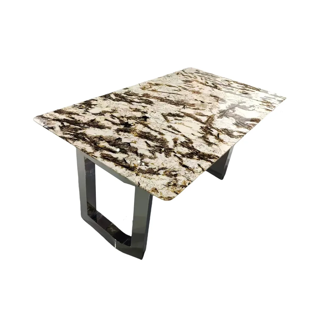 Mesa de comedor de mármol natural de lujo, color azul acero, cristalino, rectangular, con diseño de montaña nevada, zorro volador, Kari, hielo y jade.