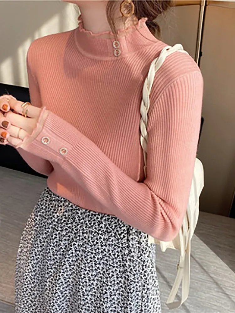 2024 Knitted Women Sweater O-neck Button Pullovers Spring Autumn Basic Sweaters for Female Pullover Slim Solid Bold Lace Tops