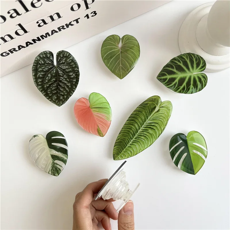 Monstera Leaf Epoxy Mobile Phone Holder Air Cushion Bracket Back Sticker Telescopic Bracket Desktop Ornaments Gifts