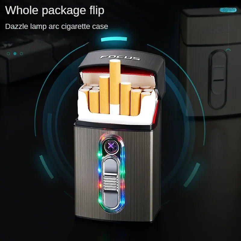 

Metal Windproof Double Arc Lighter Creative Cigarette Box USB Rechargeable High Power Lighter for 20 Pack Smoking Accessories