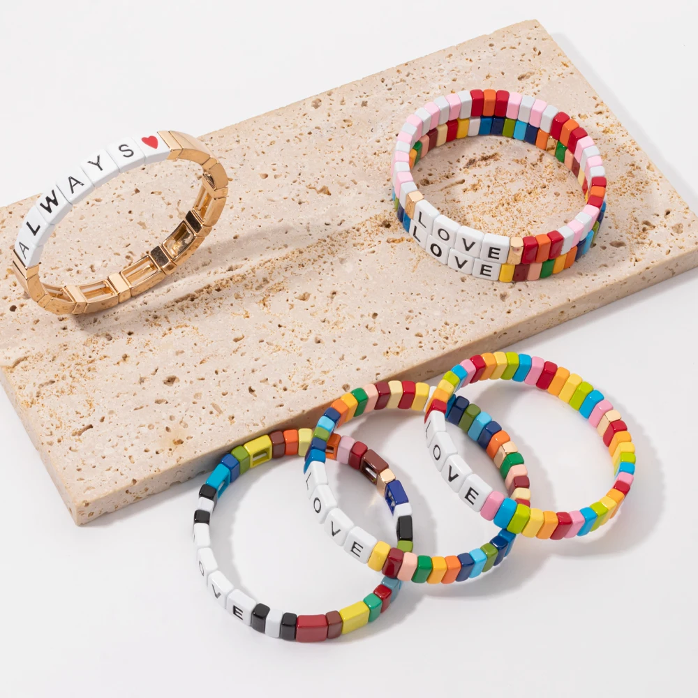 4x8mm Enamel Bracelets For Women Colorful Beads Handmade Bangle Heart Charm Jewelry For Party