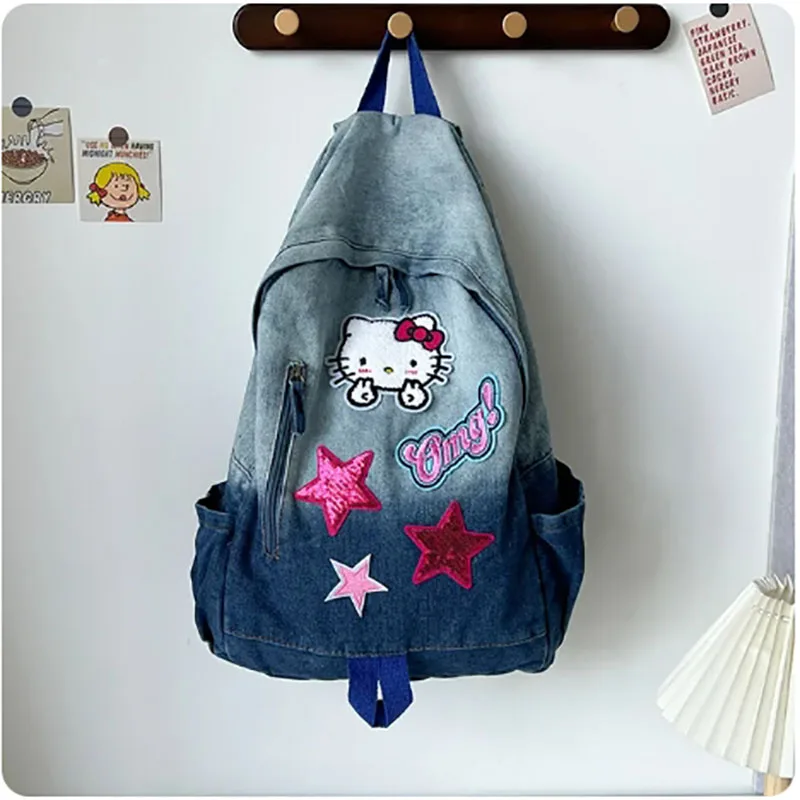 

Sanrio Hello Kitty New Women's Backpack Fashion High Quality Denim Backpack Cartoon Personalized Large Capacity Student Backpack