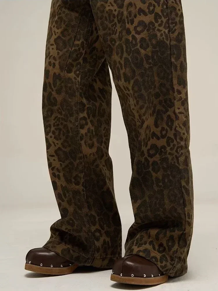 Pantalones vaqueros de leopardo para mujer, pantalón de pierna ancha de gran tamaño, ropa de calle, estilo Hip Hop Vintage, holgado e informal, 2024