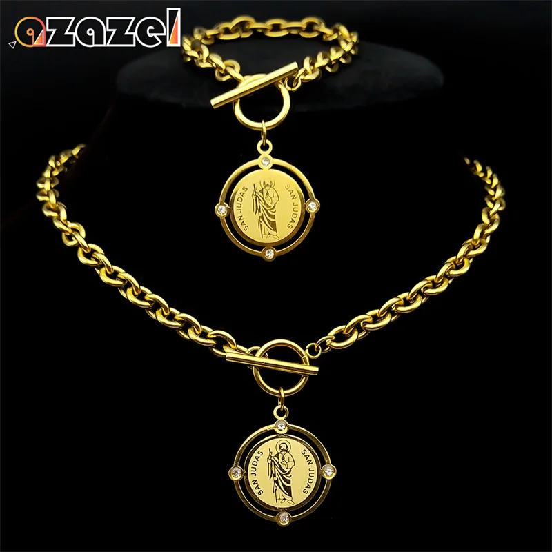 

Christian Rhinestone San Judas Tadeo Pendant Necklace Bracelets Sets for Men Women Stainless Steel Gold Color Jewelry Gifts