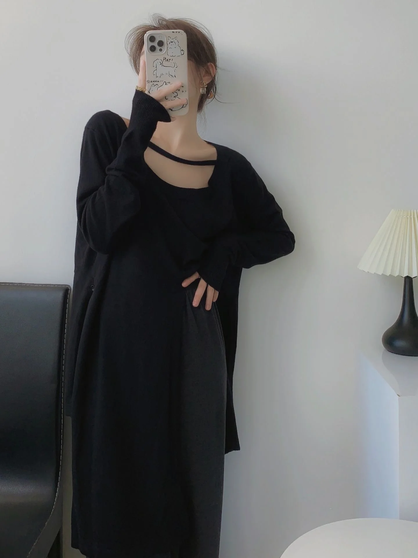 

Slimming Effect Low round Ne Knitwear Long Sve Waist-Cinching Bla White Large Collar T Top for Women Commute Sle