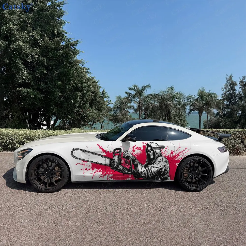2pcs Skeleton Holding A Chainsaw Car Sticker Full Body Decal Decoration Scratches Protect Car Sticker Waterproof Car Vinyl Wraps