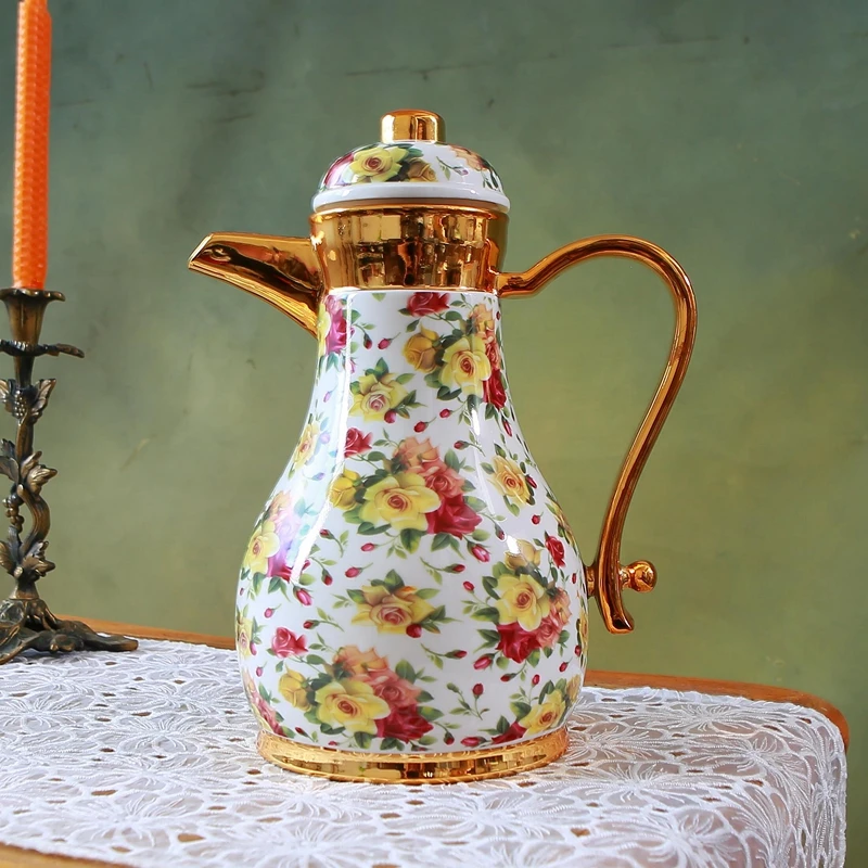 

Mid ancient style gold-plated Western retro floral ceramic insulated pot, club home warm water insulated pot