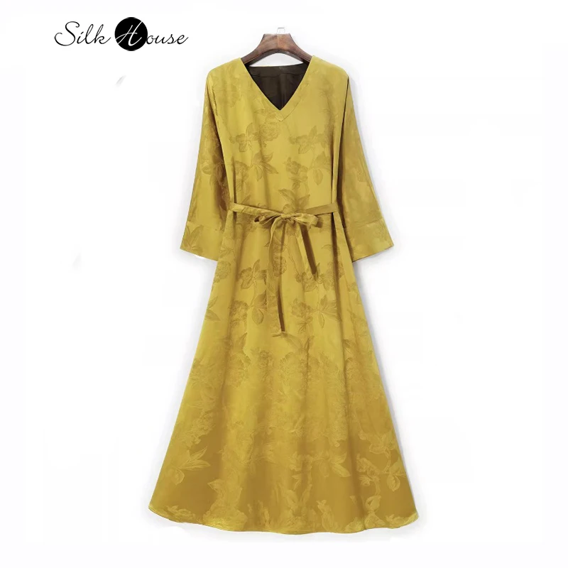 

Rare Transparent Gold 100% Natural Mulberry Silk Fragrant Cloud Yarn Solid Color V-neck Long Sleeved Women's Fashionable Dress