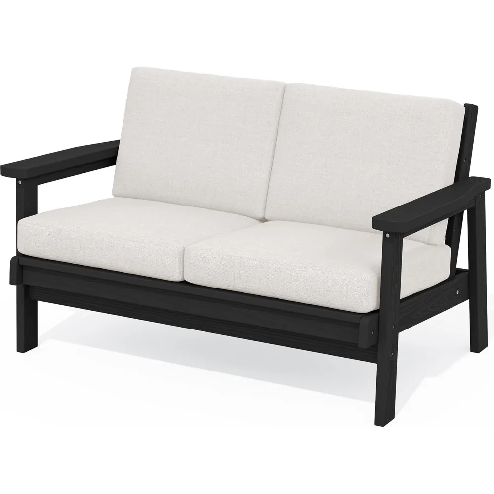 

HDPE Outdoor Patio Loveseat, Black Frame and Khaki Cushion