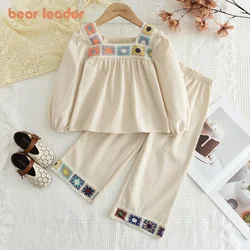 Bear Leader Cute Kids Outfits Fashion Flower Embroidery Lace Girls Suit Autumn Long Sleeved Shirt+Pants 2 Pieces Sets Spring