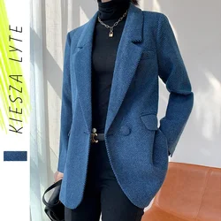 Elegant Blue Woolen Coat Suit Jacket Female 2024 Autumn Winter New Style Leisure British Blazer Cardigan