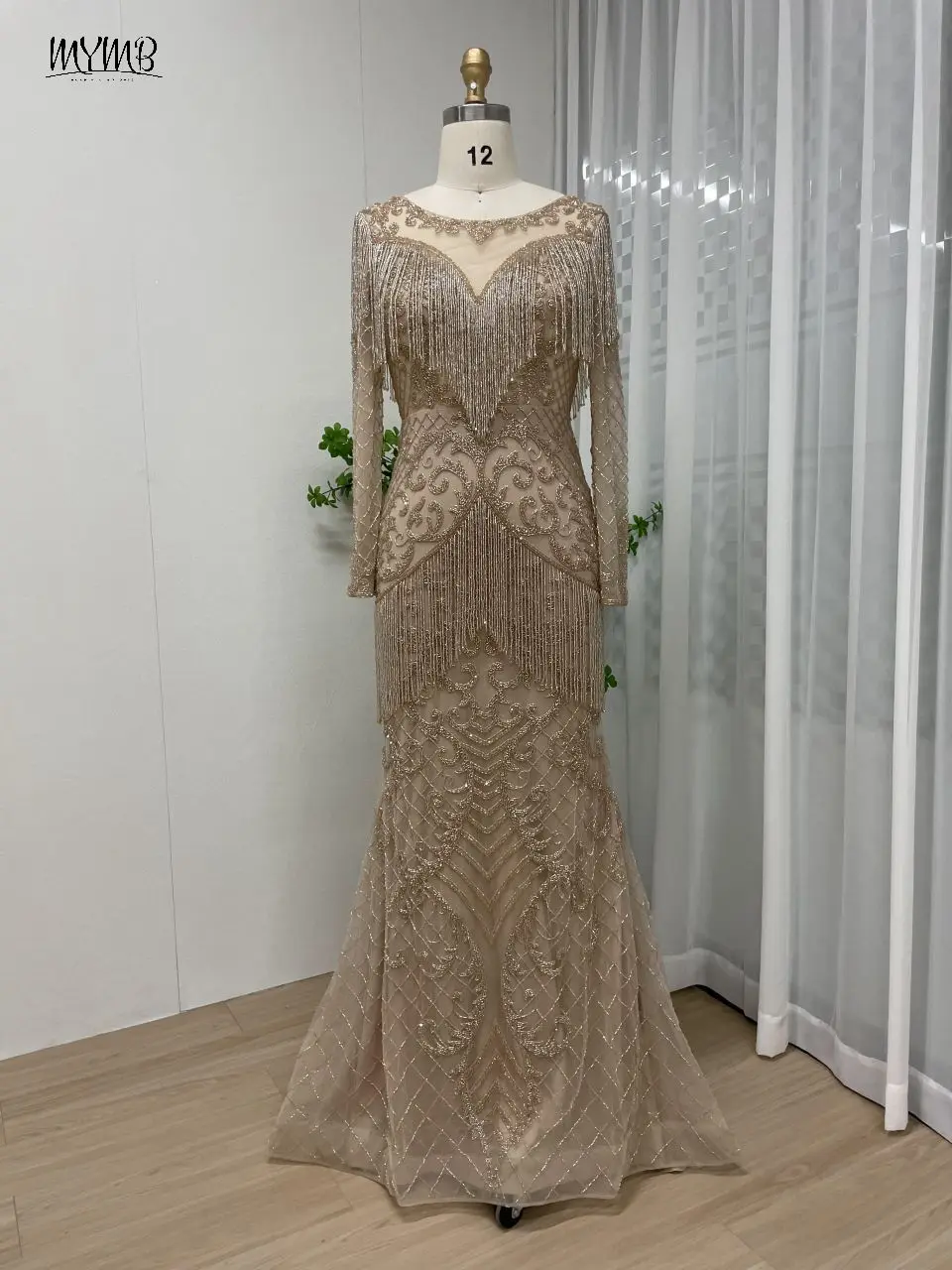 MYMB 골드 두바이 화려한 인어 페르시 Tassel 이브닝 드레스 여성용 웨딩 파티 아랍어 긴 소매 볼 가운 MB40097